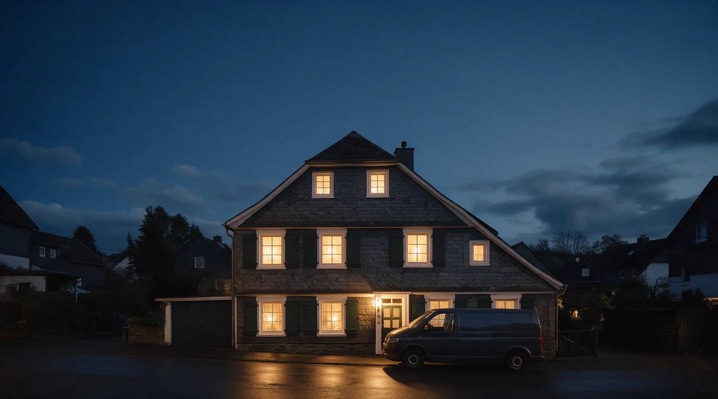 Dasselbe Schieferhaus bei Nacht, alle Fenster sind erleuchtet